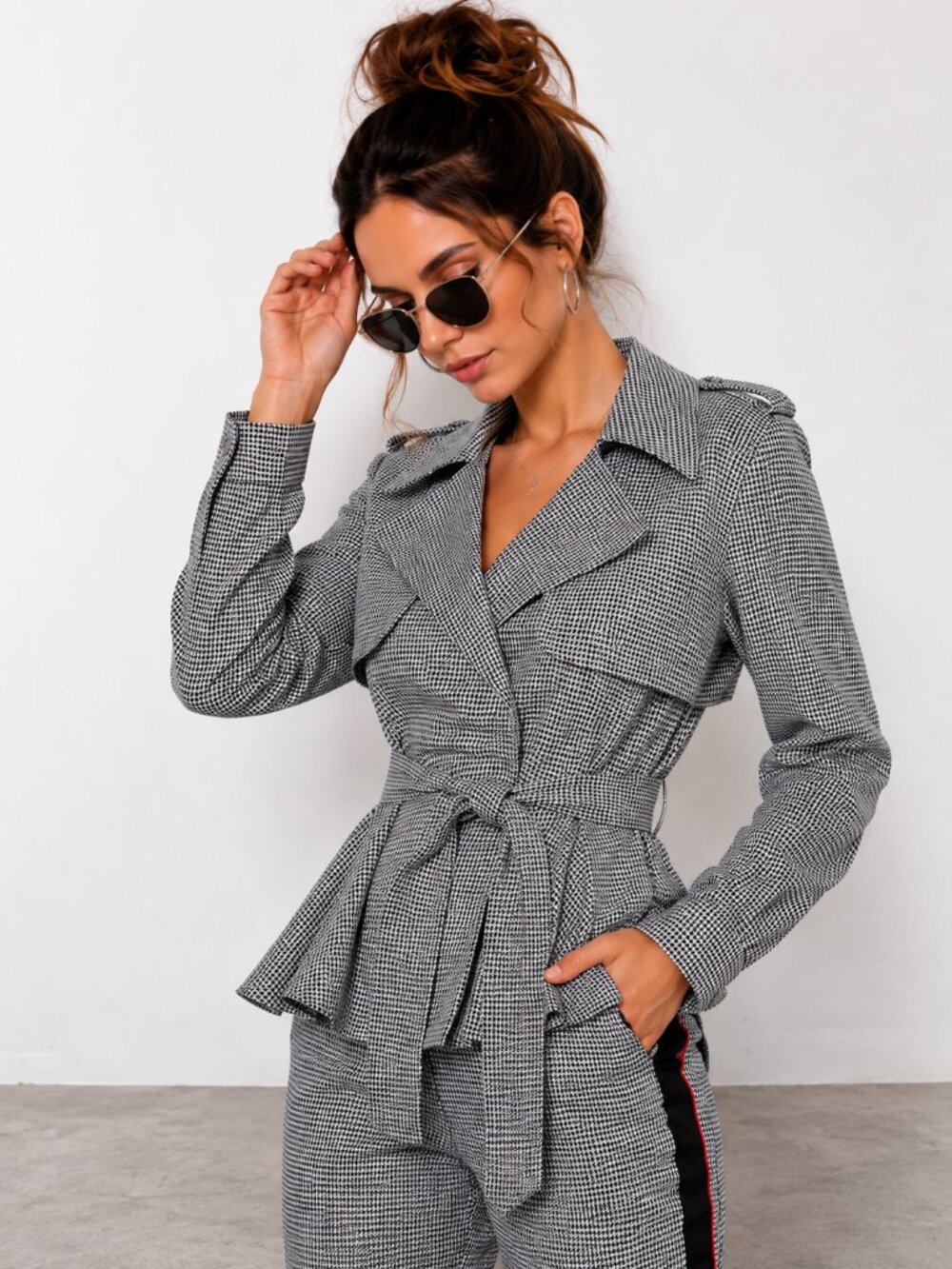 Black White Houndstooth Peplum Jacket Belted Chic Blazer NWT
